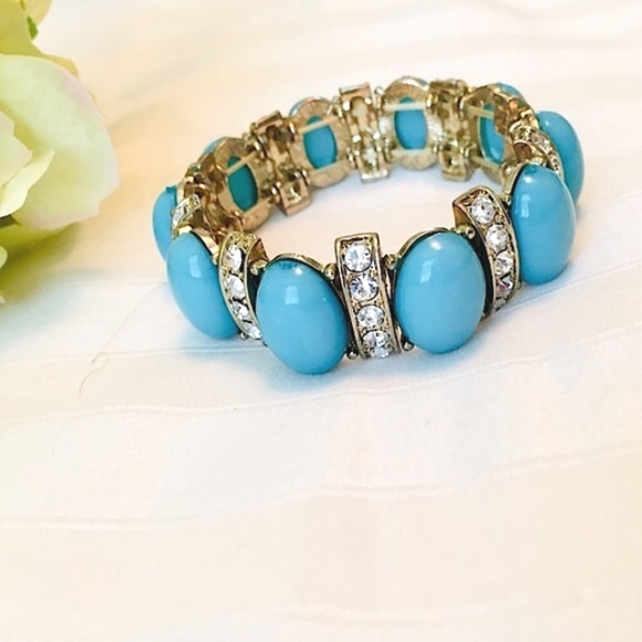 Gold Turquoise Rhinestone Stretch Bracelet - Picture 3 of 7